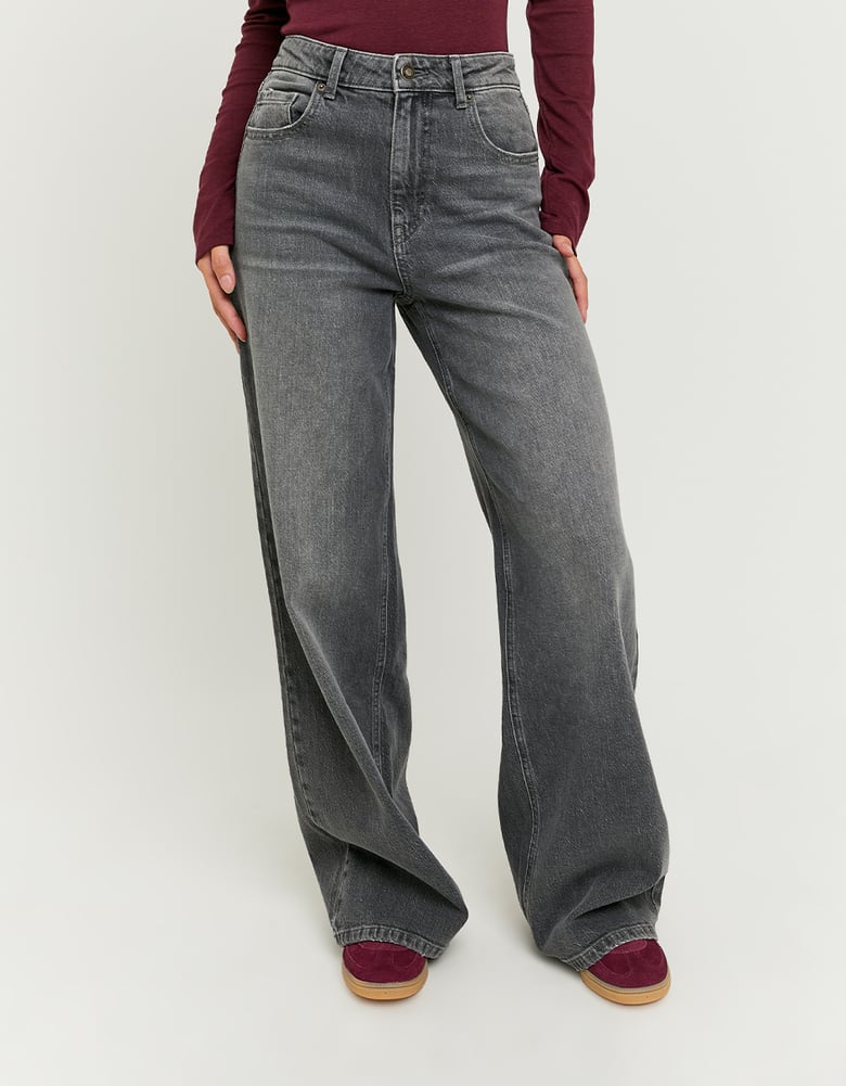 Ladies Grey High Waist Wide Leg Jeans-Closer View of the Front