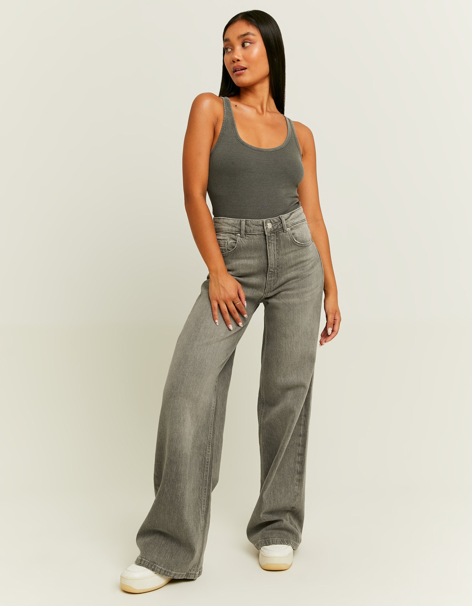 Ladies High Waist Wide Leg Grey Jeans-Model Full Front View