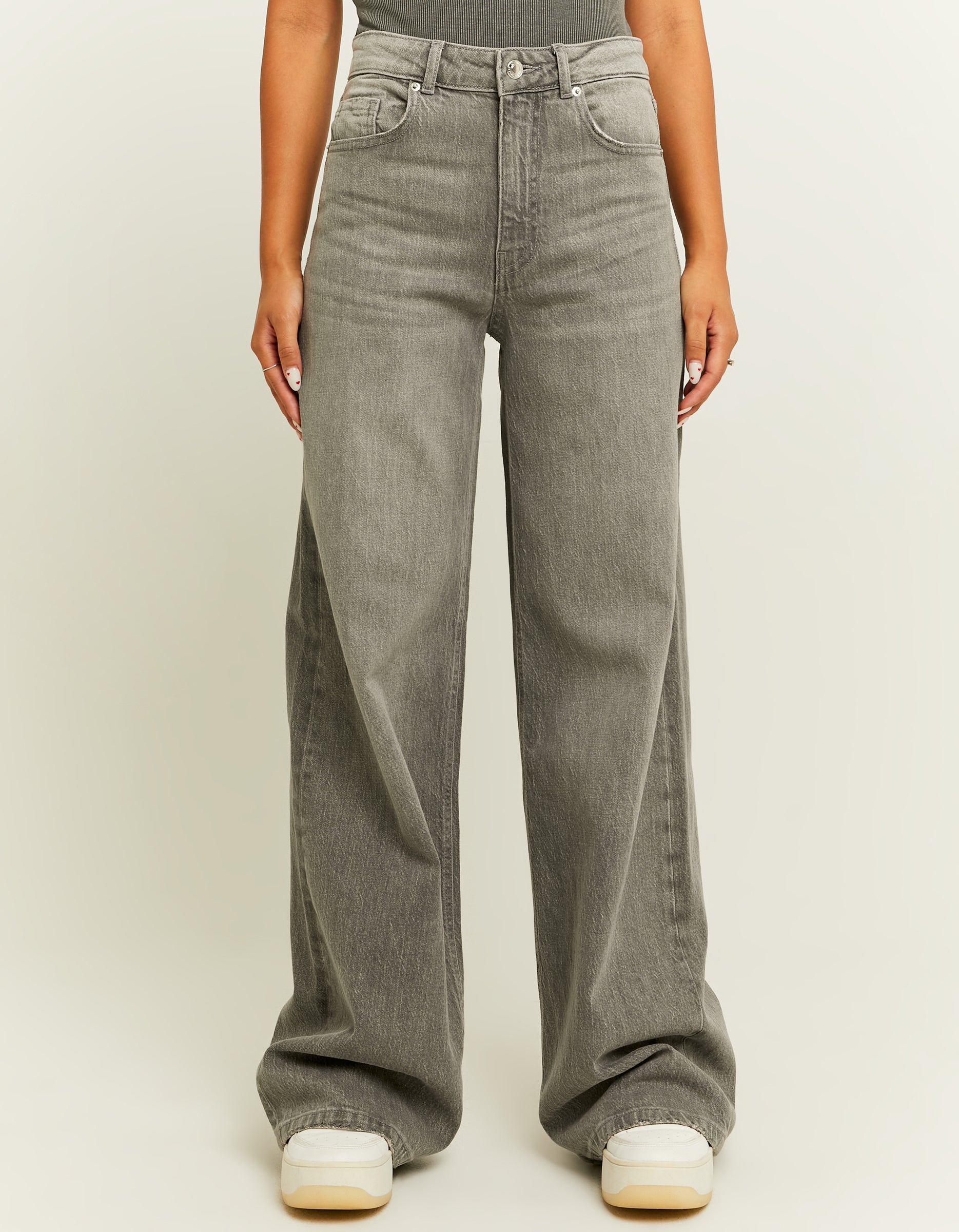 Ladies High Waist Wide Leg Grey Jeans-Model Front View