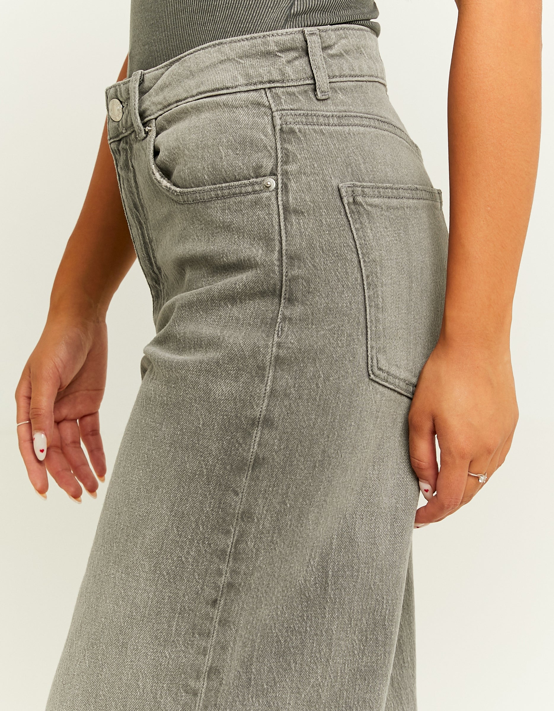 Ladies High Waist Wide Leg Grey Jeans-Waist View