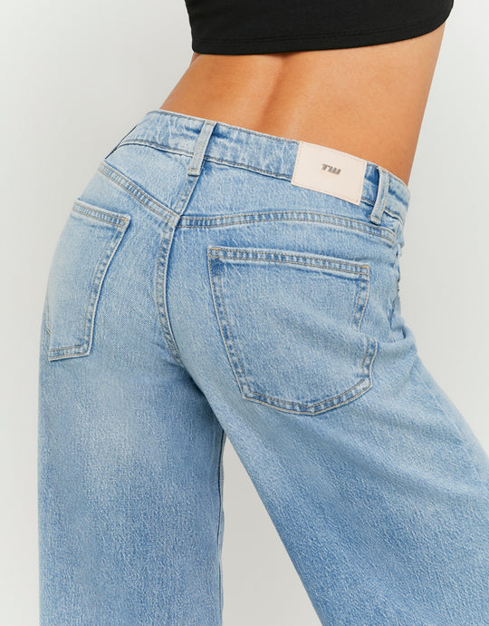 Ladies Blue Mid Waist Wide Leg Jeans-Back Pocket View