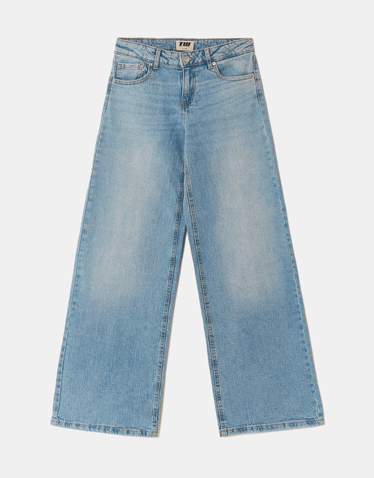 Ladies Blue Mid Waist Wide Leg Jeans-Ghost Front View