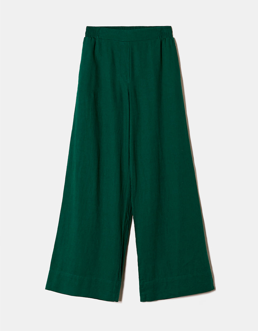 Ladies Green Wide Leg Linen Pants-Front View