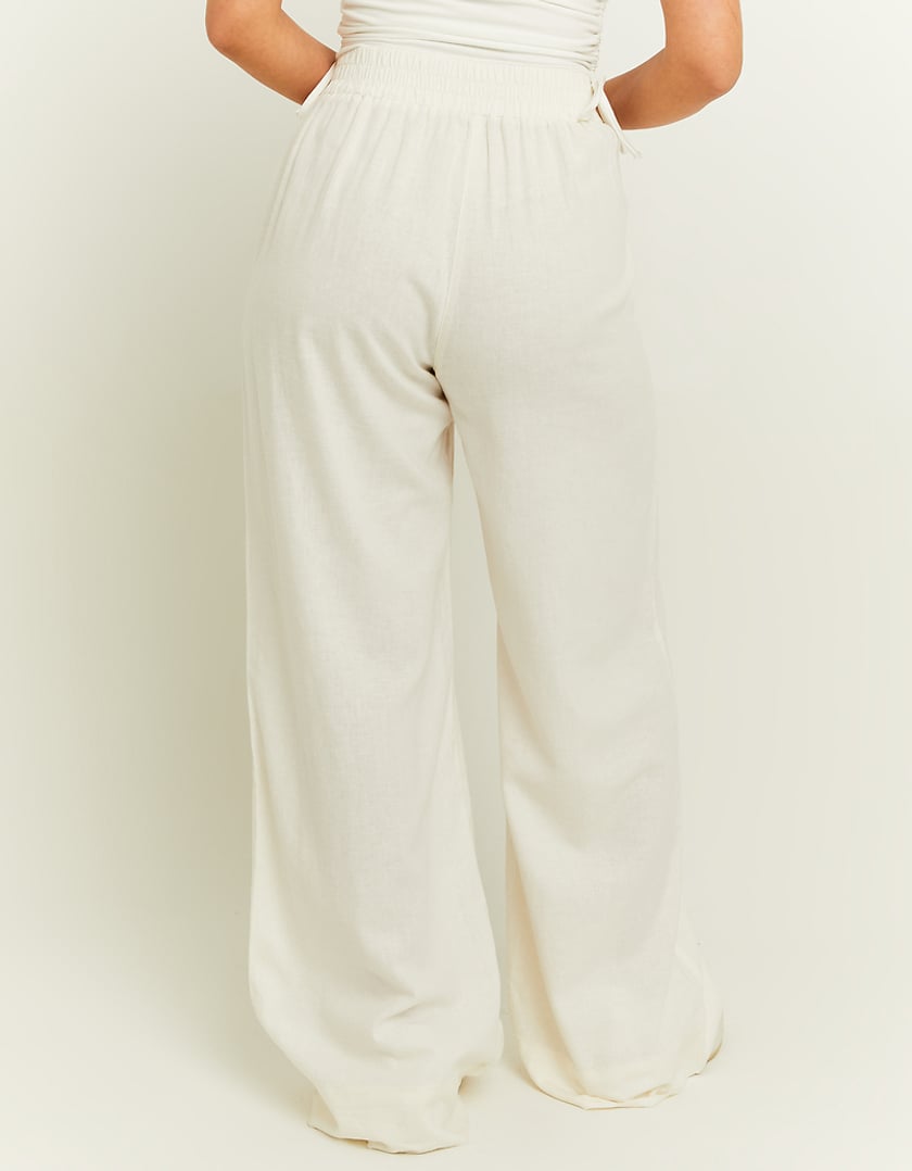 Ladies White Wide Leg Linen Pants-Back View
