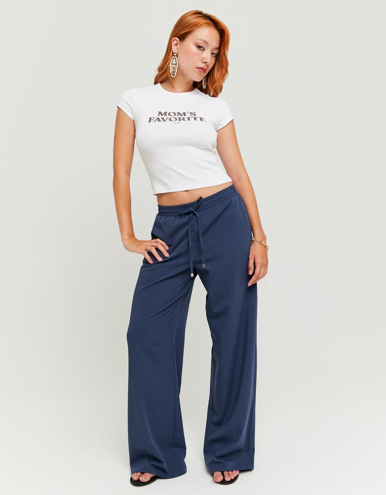 Ladies Wide Leg Blue Mid Waist Jogger-Model Full Front View