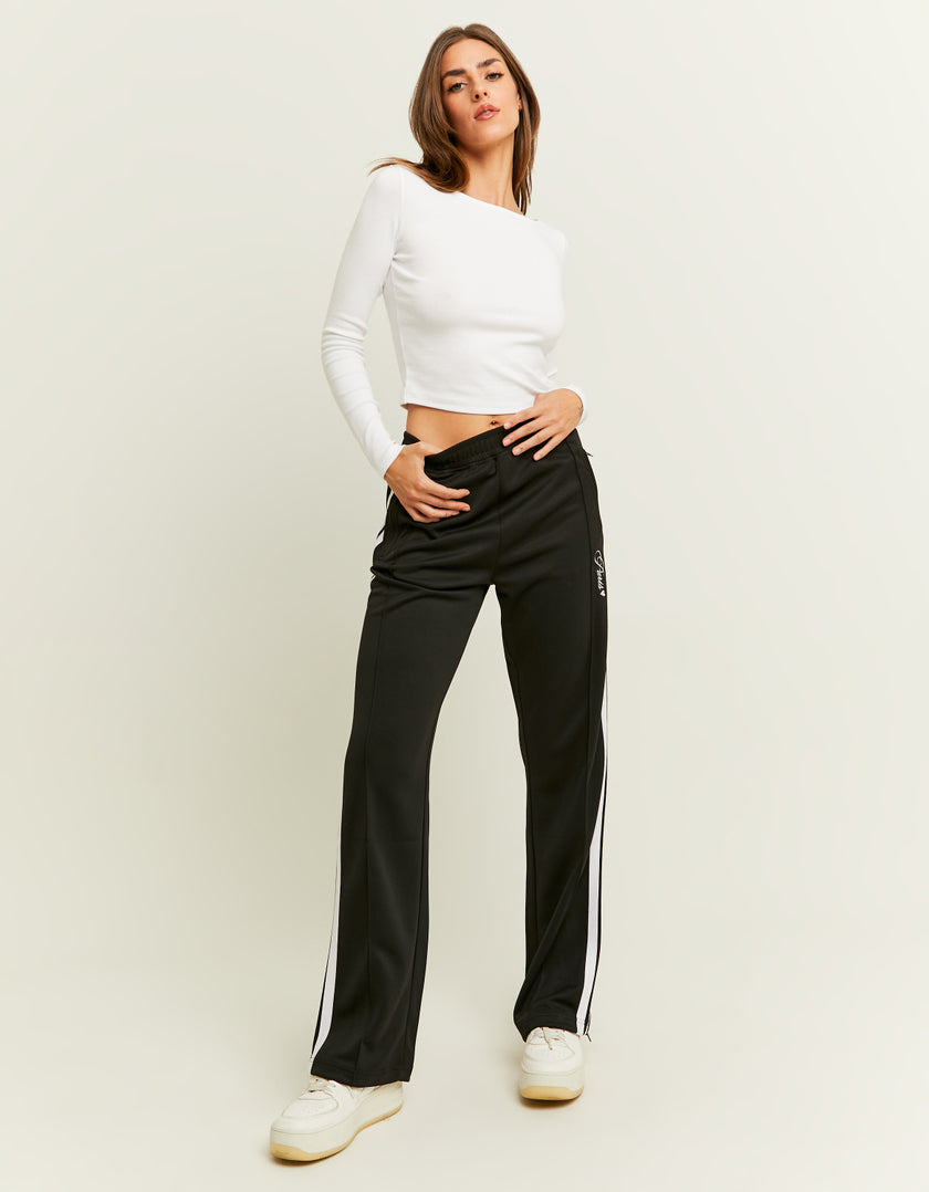 Ladies Black Straight Leg Sweat Pants with Band Detail-Model Front View