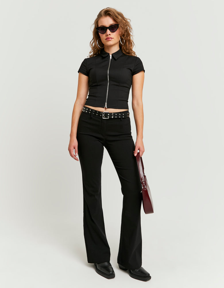 Ladies Black Flare Tailoring Trousers-Model Front View
