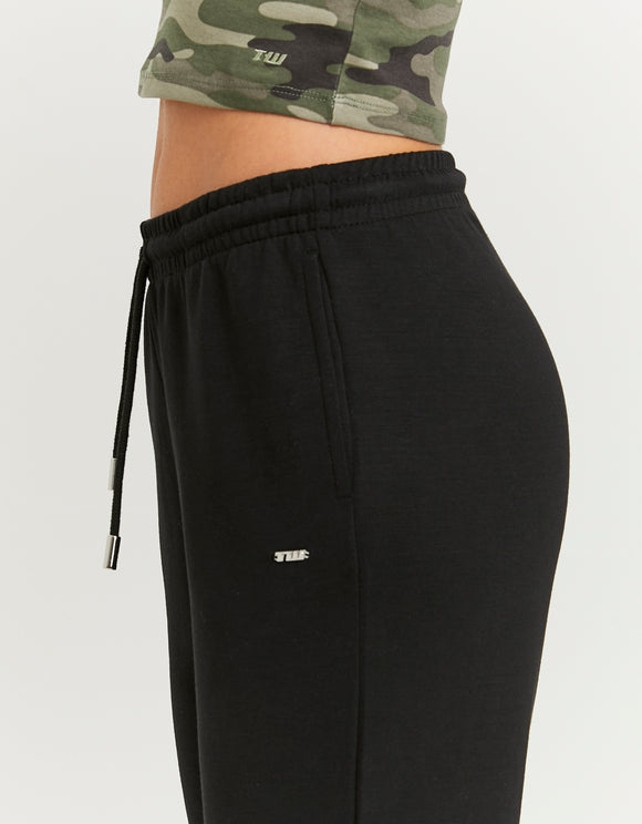 Tally Weijl Black Flare Jogger side detail with elastic waistband and logo