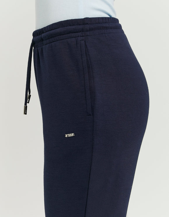 Tally Weijl Blue Flare Jogger in blue, side detail view with pocket and drawstring waist
