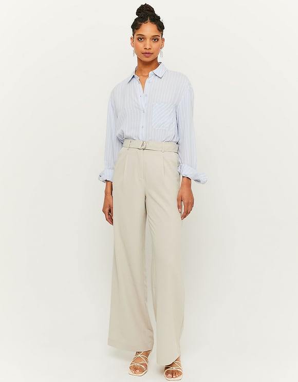 Ladies High Waist Cream Trousers-Model Full Front View