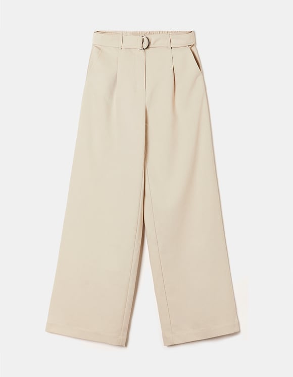 Ladies High Waist Cream Trousers-Ghost Front View