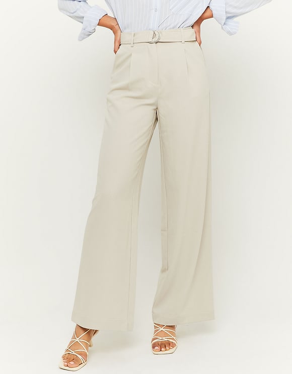 Ladies High Waist Cream Trousers-Model Front View