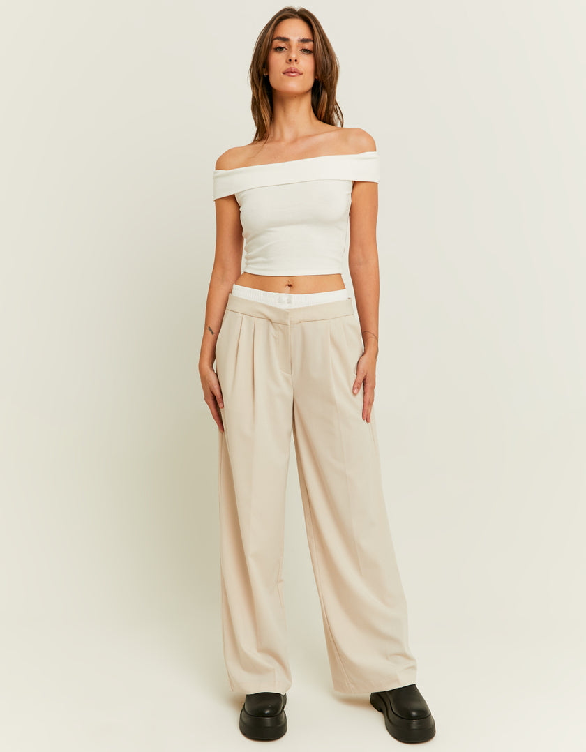 Ladies Double Waist Beige Wide Leg Trousers-Model Full Front View