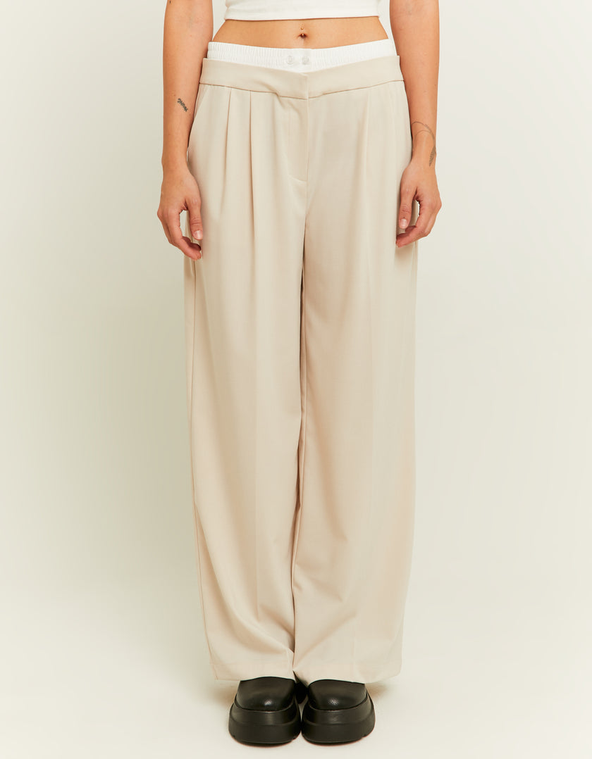 Ladies Double Waist Beige Wide Leg Trousers-Model Front View