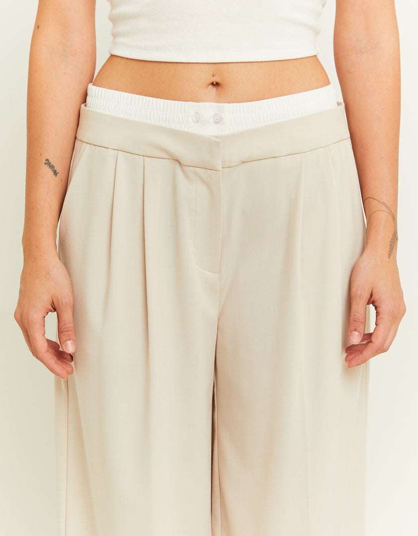 Ladies Double Waist Beige Wide Leg Trousers-Waist View