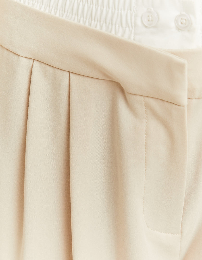 Ladies Double Waist Beige Wide Leg Trousers-Close Up View