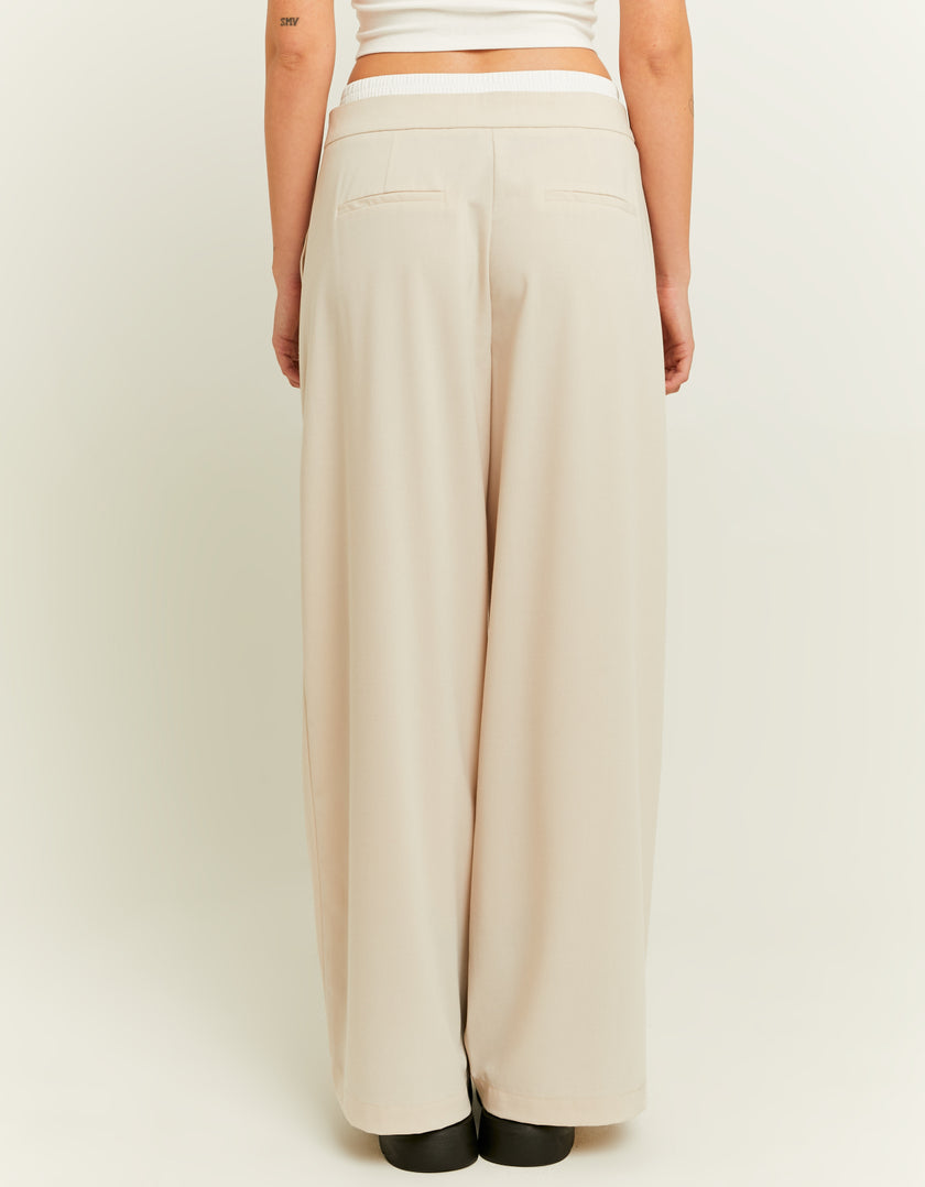 Ladies Double Waist Beige Wide Leg Trousers-Model Back View