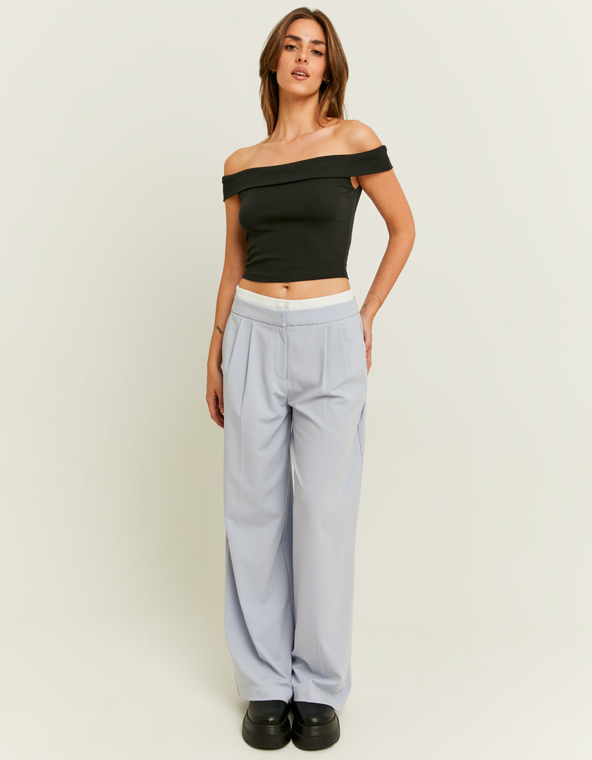 Ladies Double Waist Blue Wide Leg Trousers-Model Full Front View