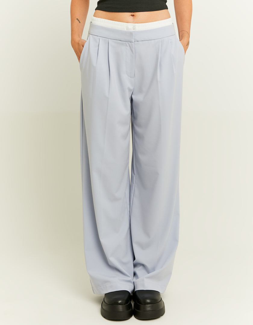 Ladies Double Waist Blue Wide Leg Trousers-Model Front View