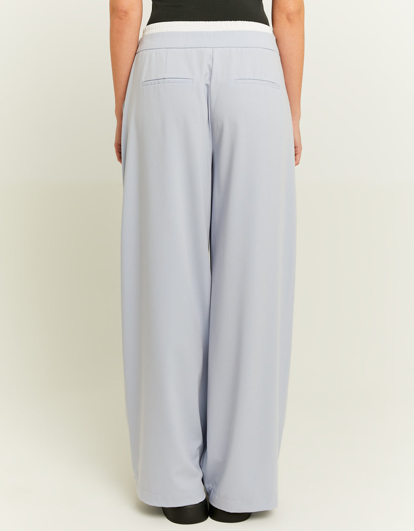 Ladies Double Waist Blue Wide Leg Trousers-Model Back View