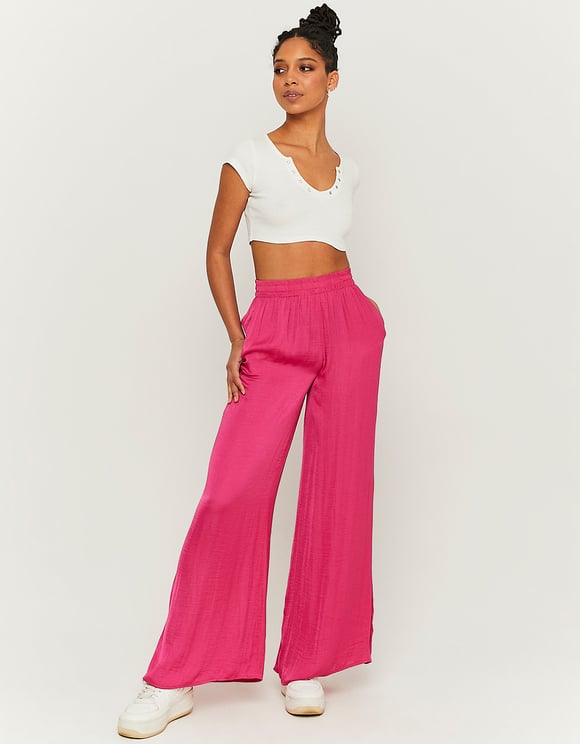 Ladies High Waist Pink Wide Leg Satin Trousers-Model Full Front View