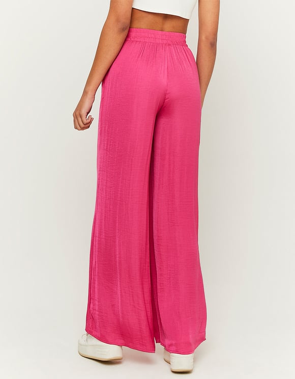 Ladies High Waist Pink Wide Leg Satin Trousers-Back View