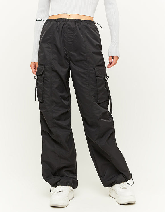 Ladies Black Parachute Cargo Pants-Model Front View