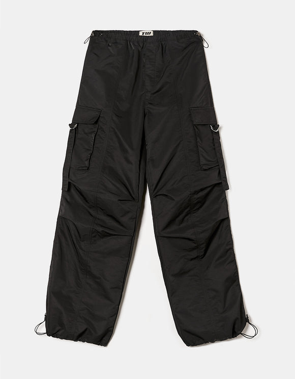 Ladies Black Parachute Cargo Pants-Ghost Front View