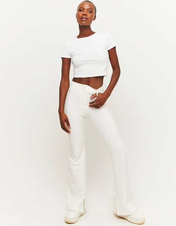 Ladies White Flare Pants-Model Full Front View
