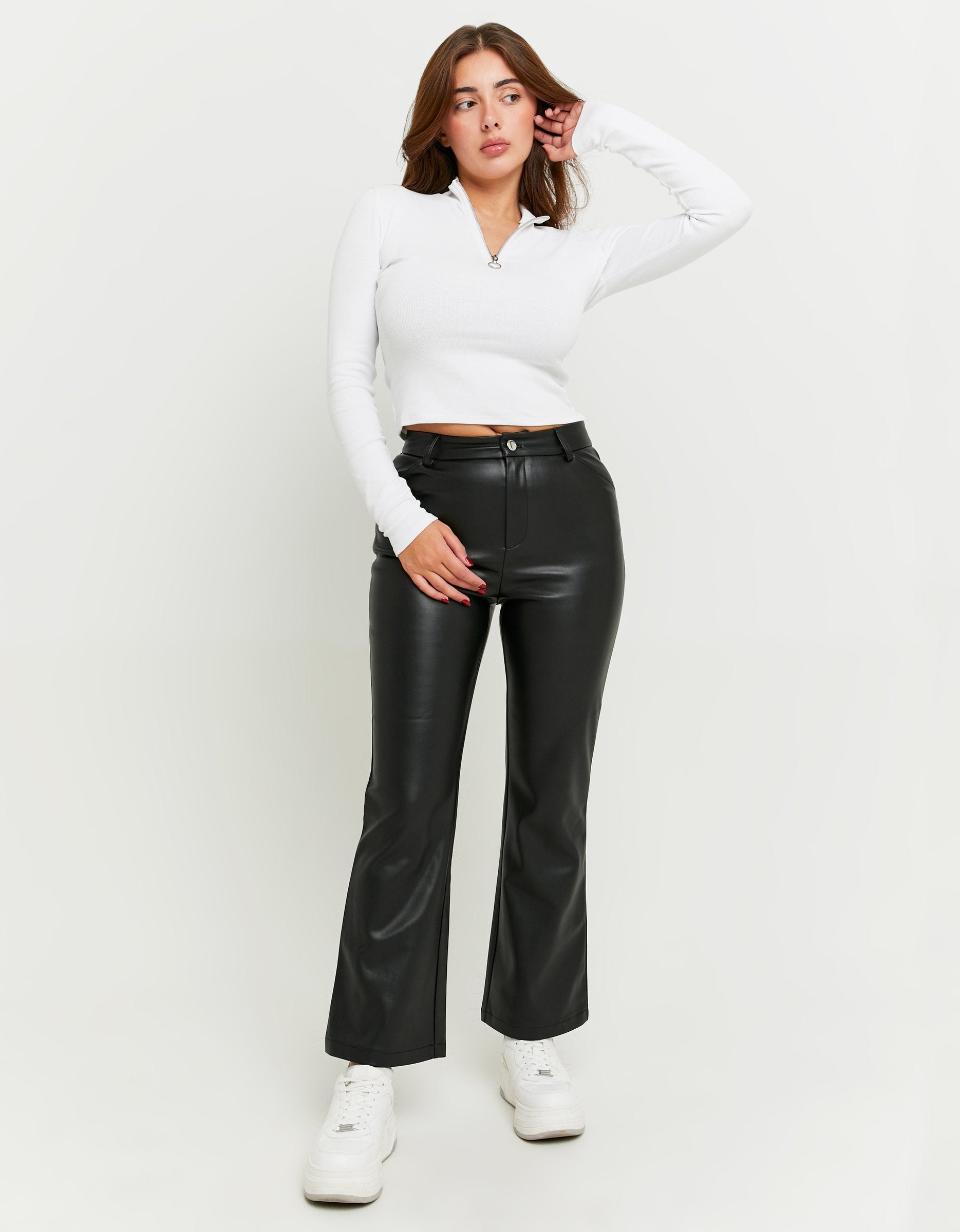 Ladies Black Faux Leather Flare Pant-Model Full Front View