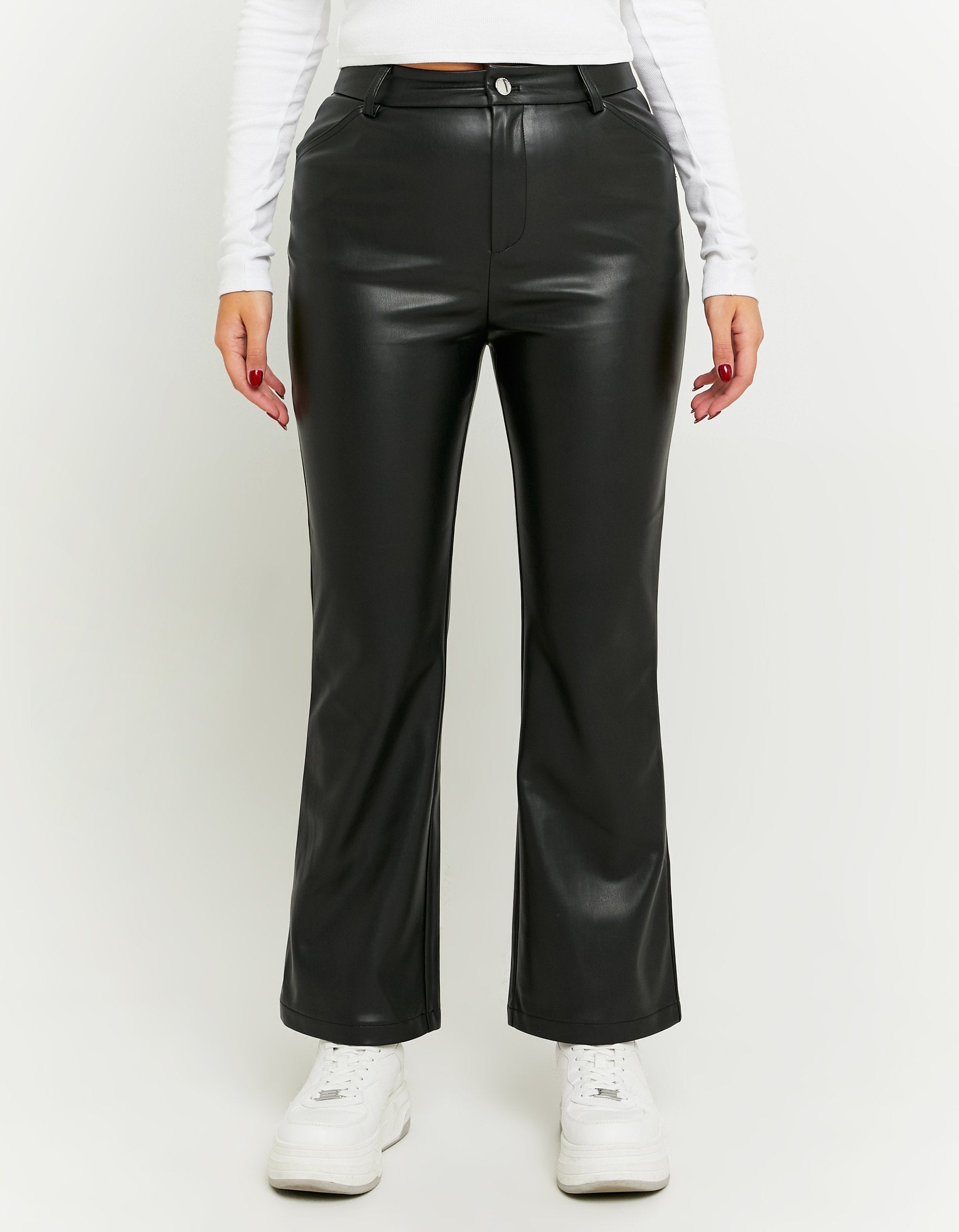 Ladies Black Faux Leather Flare Pant-Model Front View