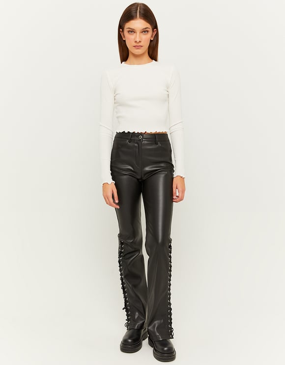 Ladies High Waist Faux Leather Flare Trousers-Model Full Front View