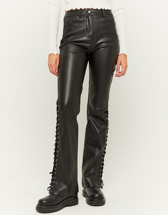 Ladies High Waist Faux Leather Flare Trousers-Front View