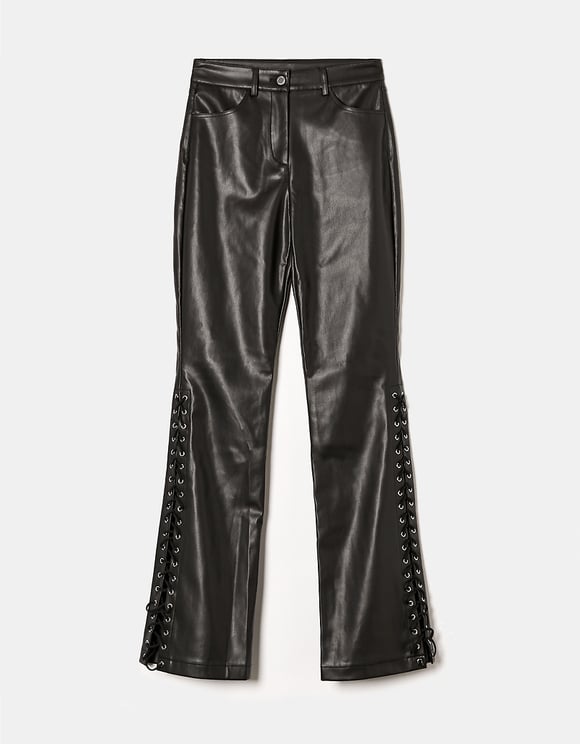 Ladies High Waist Faux Leather Flare Trousers-Ghost Front View