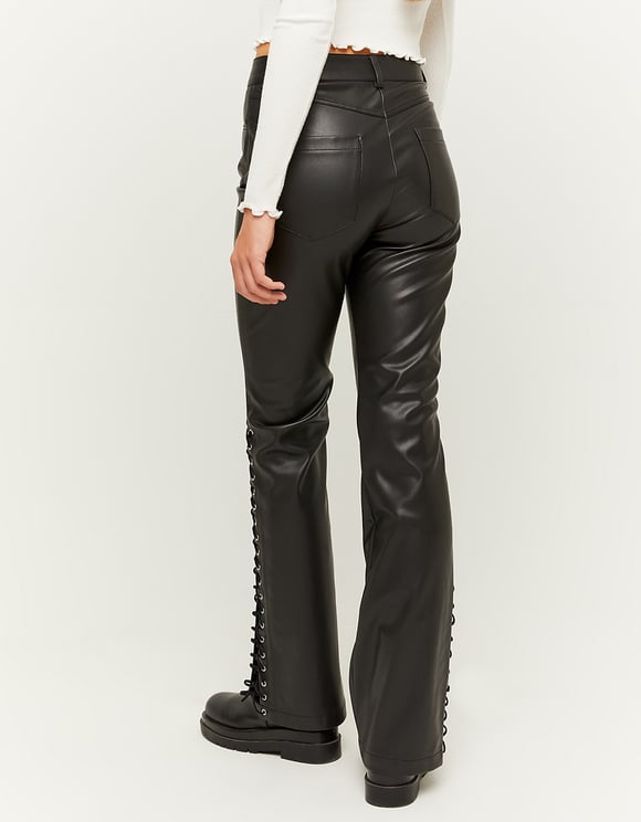 Ladies High Waist Faux Leather Flare Trousers-Model Back View