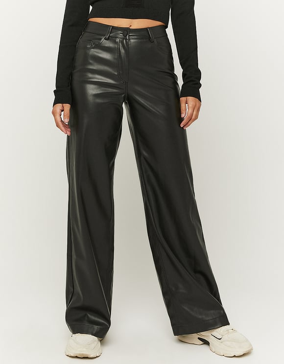 Black fake leather wide leg trousers model front close up view
