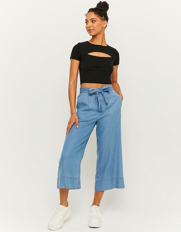 Ladies Blue Culotte Pants With Knots-Model Full Front View