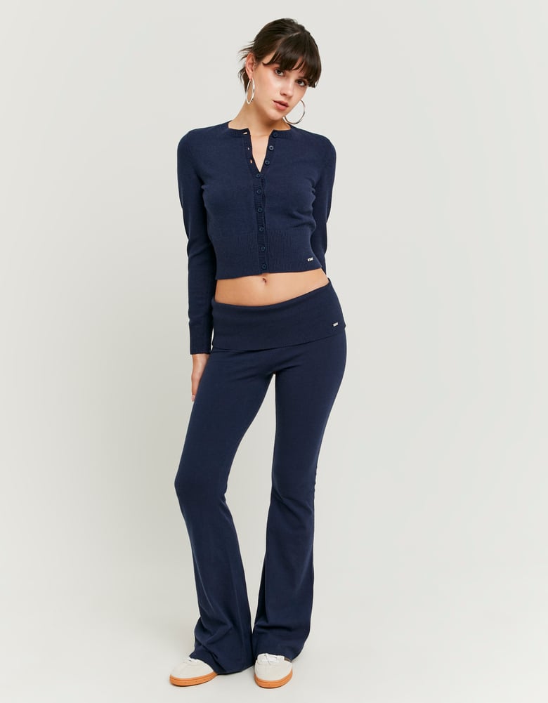 Ladies Blue Flare Knit Trousesrs-Model Full Front View