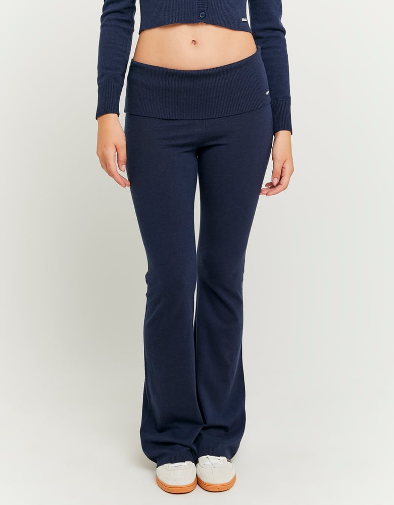 Ladies Blue Flare Knit Trousesrs-Closer View of the Front