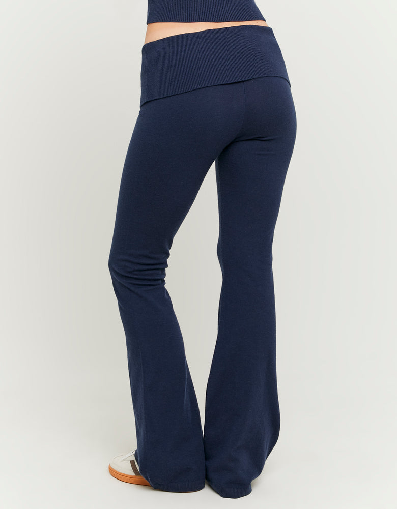 Ladies Blue Flare Knit Trousesrs-Full Length Back View