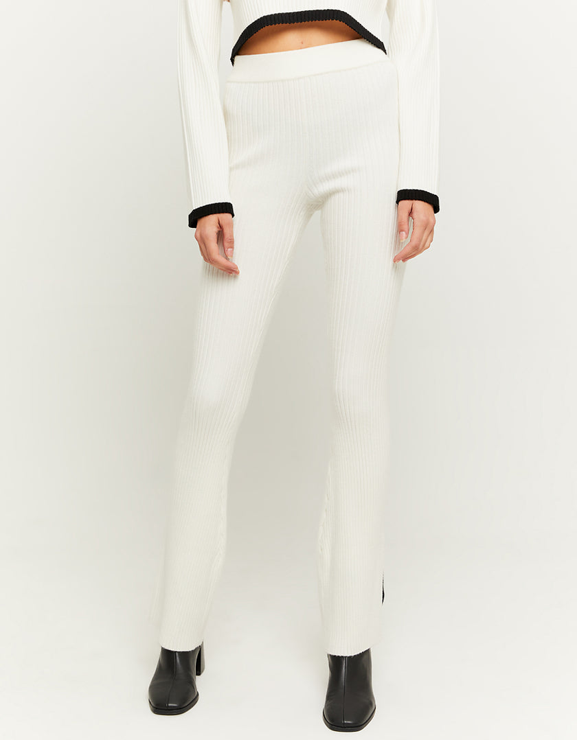 Ladies White Knit Flare Trousers-Model Front View
