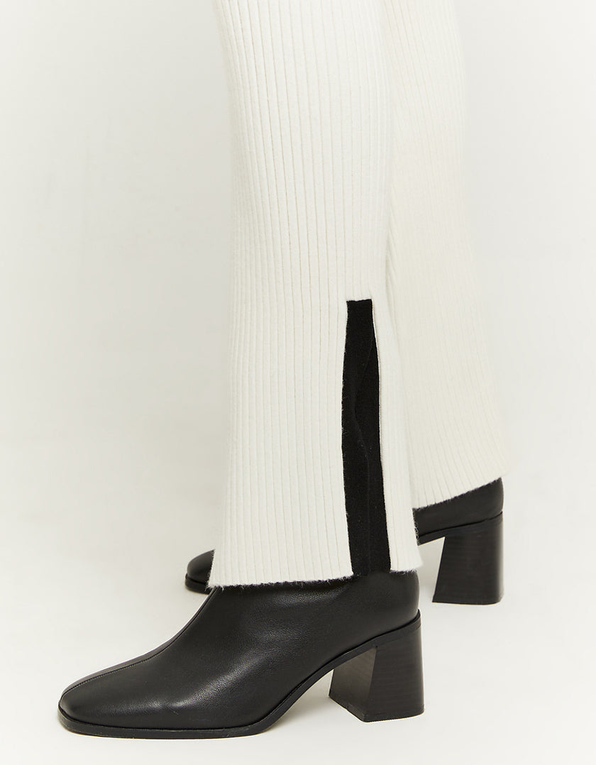 Ladies White Knit Flare Trousers-Leg View