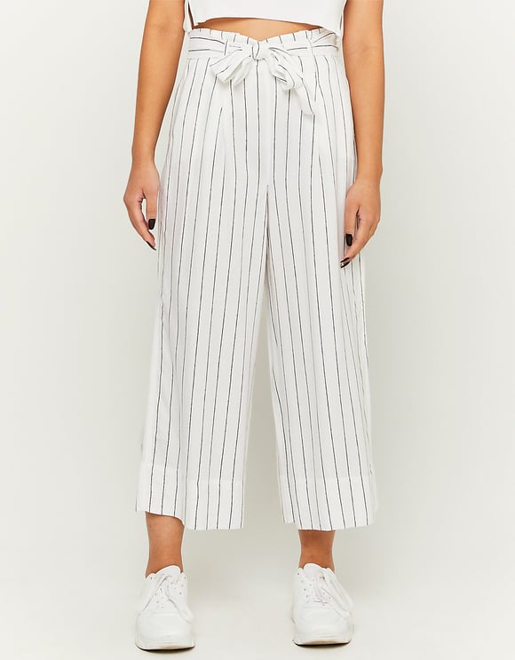 White pin stripe culotte pants model front view