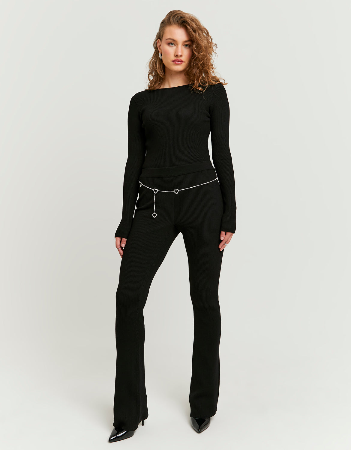 Tally Weijl Knitted Flare Trousers With Belt Black model front view
