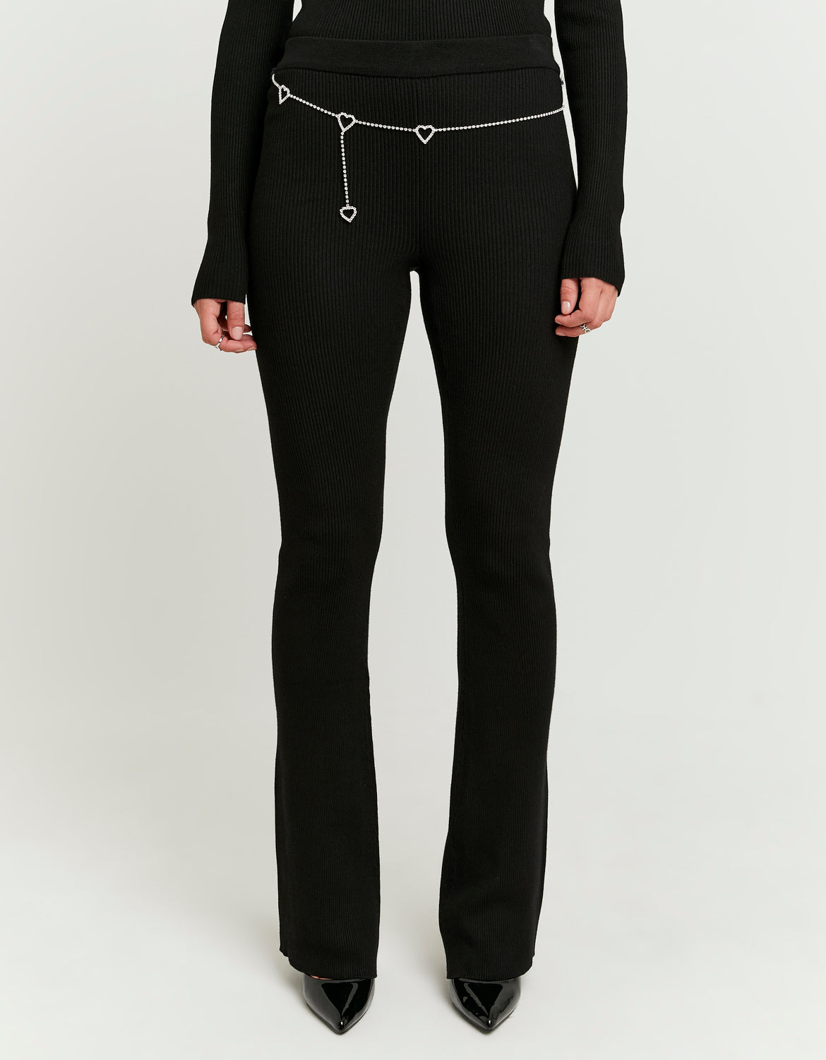 Tally Weijl Knitted Flare Trousers With Belt Black front view