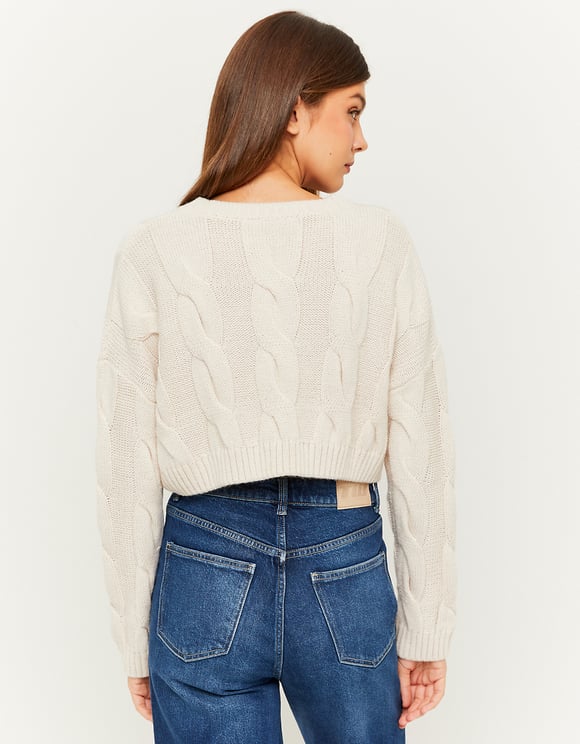 Ladies Beige Cable Knit Sweater-Back View