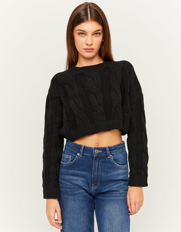 Ladies Black Cable Knit Sweater-Front View