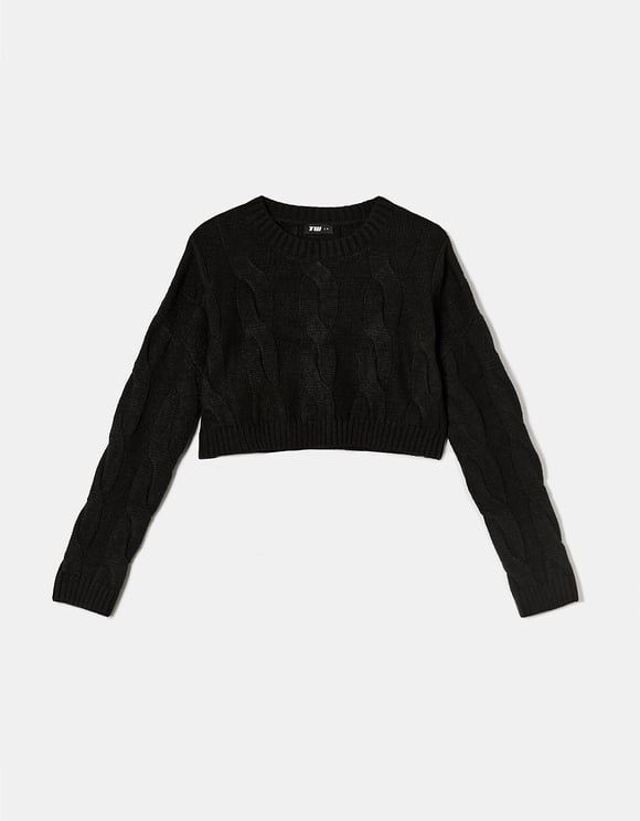 Ladies Black Cable Knit Sweater-Ghost Front View