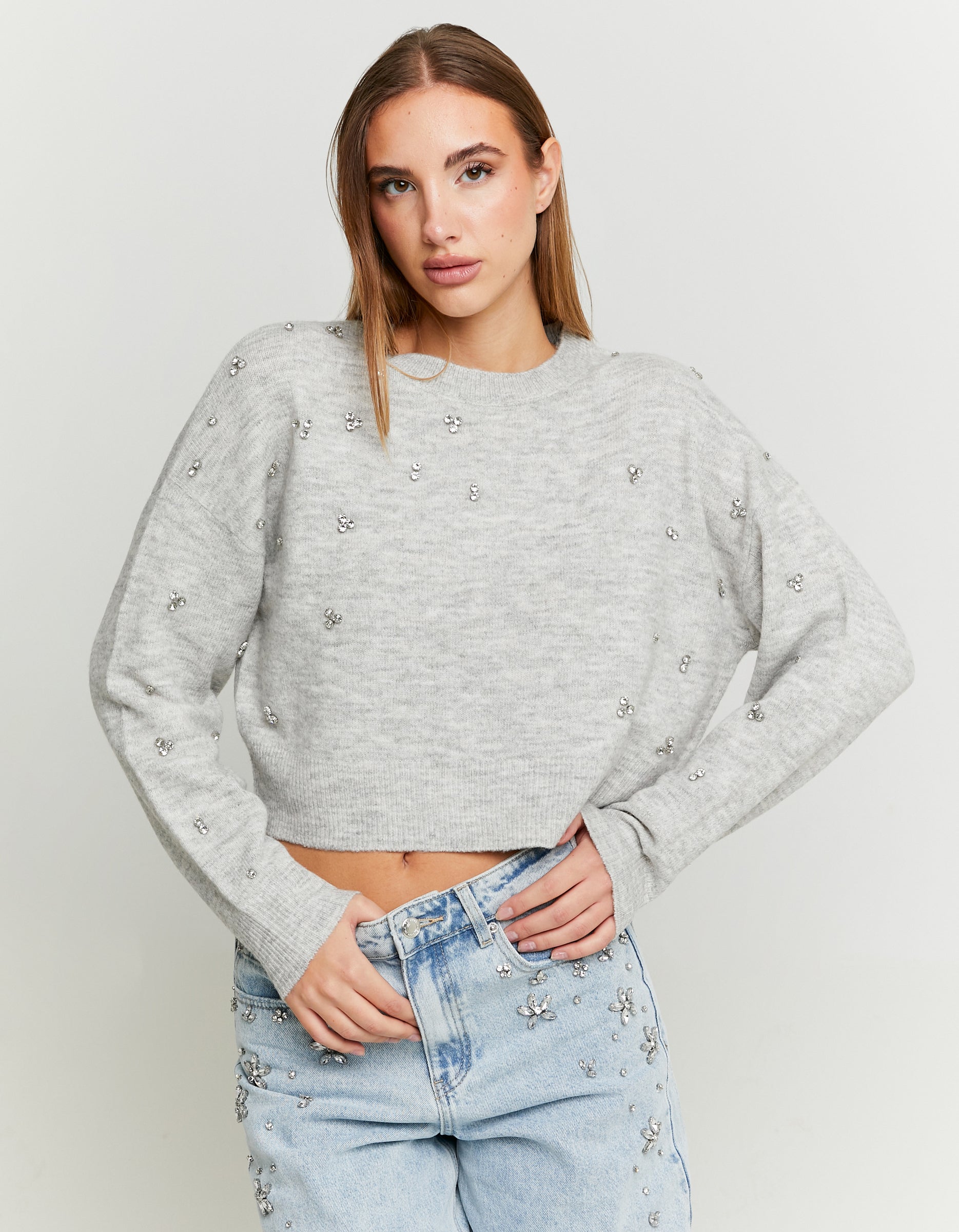 Tally Weijl Grey Jumper With Rhinestones Grey model front view