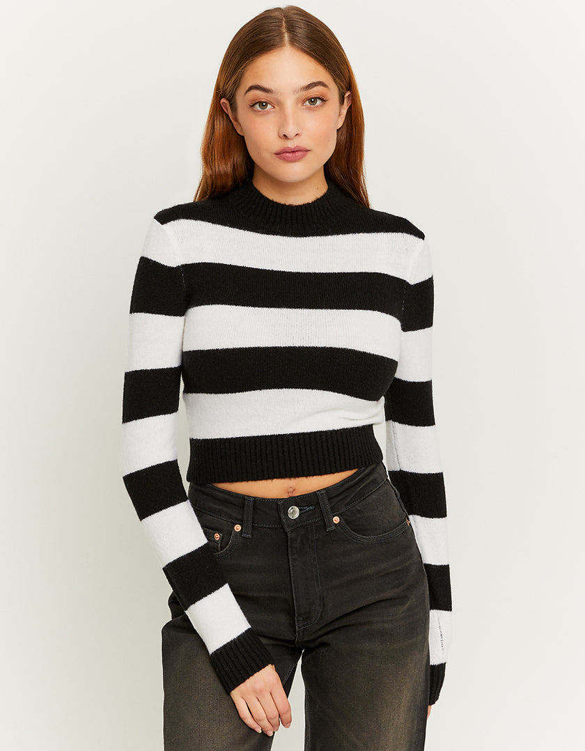 Ladies Striped Cropped Black/White Jumper-Model Front View